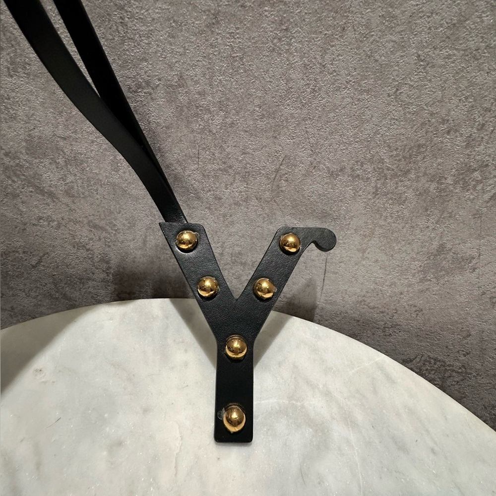 Burberry Logo Y Letter Black Leather Gold Studs Bag Charm Key Chain Ornament